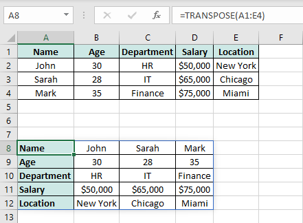 Excel transposed table through formula
