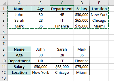 Excel pasted transposed table