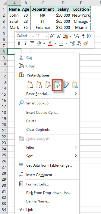 Excel paste special transpose