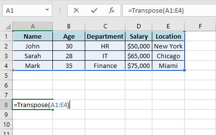 Excel transpose formula